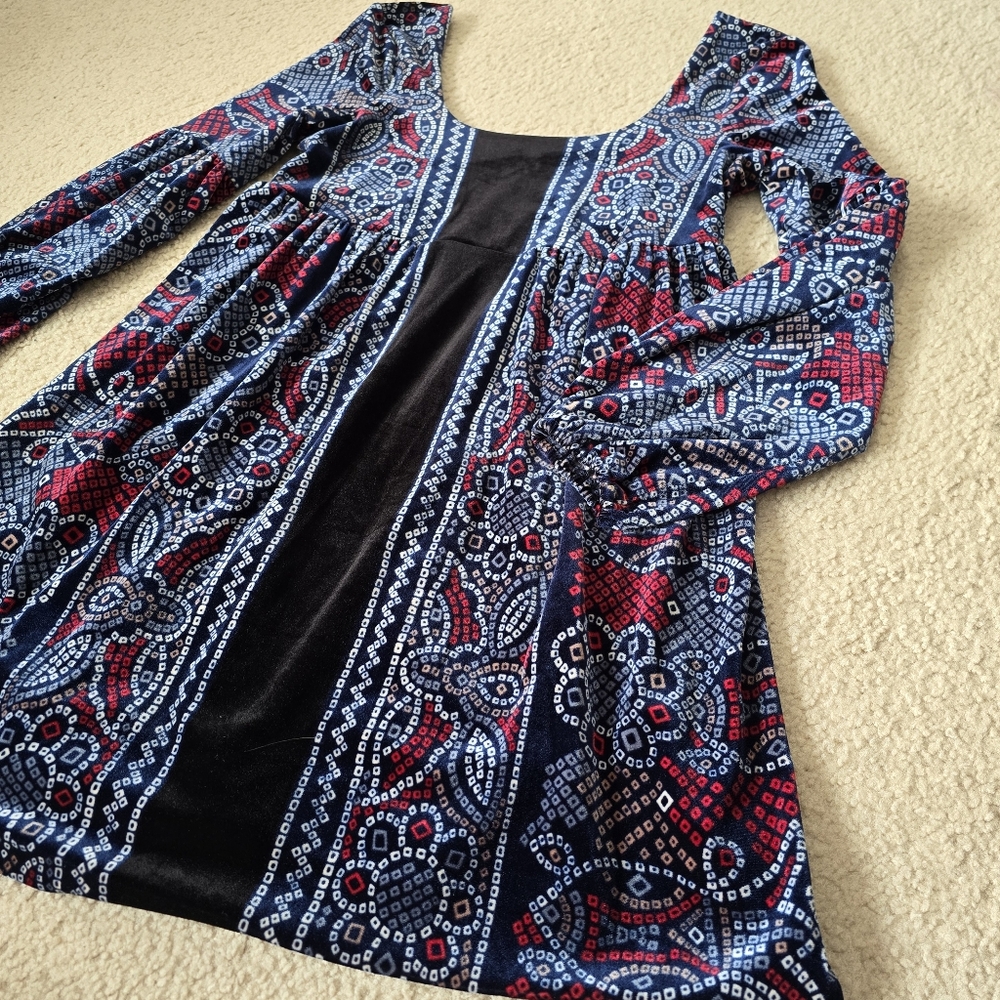 FREE PEOPLE OH SO EASY VELVET BABYDOLL DRESS IN BLUE COMBO Womens Size Small - Picture 6 of 13